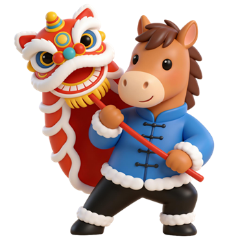 矢量图:马年春节新年小马舞狮子C4D形象