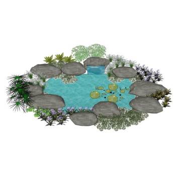 生态景观水池石头带植物景观SU模型 SU模型下载