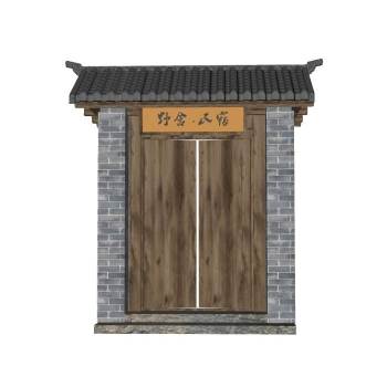 中式民宿庭院入口大门门窗SU模型 SU模型下载