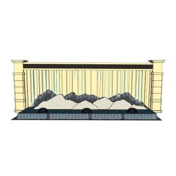 中式景观墙跌水墙景观SU模型 SU模型下载