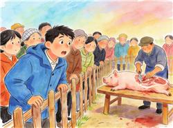 水彩画:男子凑热闹去看杀猪结果当上主厨