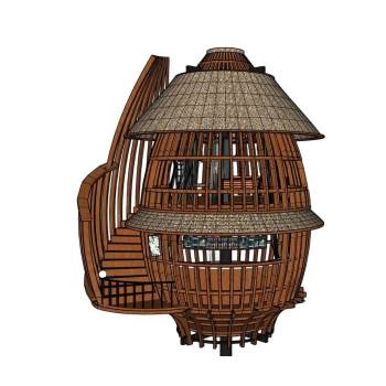木结构螺旋观景台树屋建筑SU模型 SU模型下载