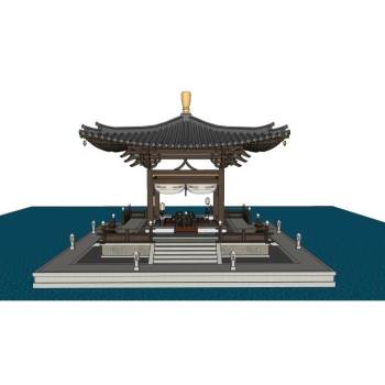 中式水榭亭子建筑SU模型 SU模型下载