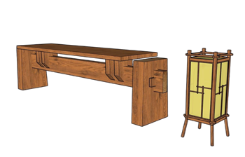 [椅子]榫卯木长凳和灯笼 免费 SketchUp模型截图 3D设计素材预览
