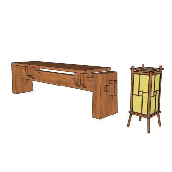 榫卯木长凳和灯笼椅子SU模型 SU模型下载