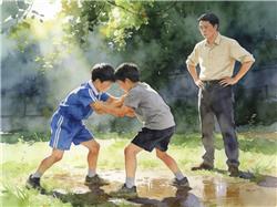 水彩画:我的摔跤是语文老师教的