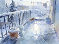 水彩画:一觉醒来阳台变“冰河世纪”