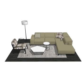 L形沙发茶几落地灯组合沙发SU模型 SU模型下载