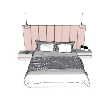 现代双人床床铺SU模型 SU模型下载