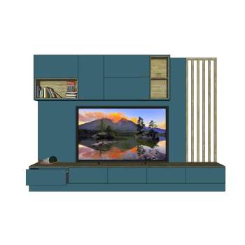 现代蓝色电视柜带书本柜子SU模型 SU模型下载