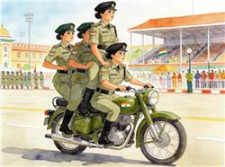水彩画:印度阅兵式女兵摩托车“叠罗汉”
