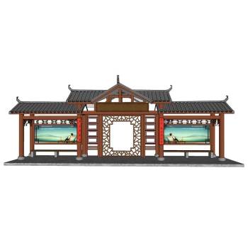 中式特色候车亭公交车站巴士站交通SU模型 SU模型下载