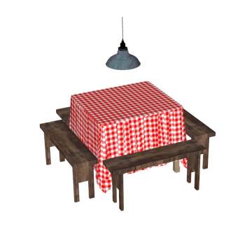 怀旧方桌餐桌布餐桌长凳桌子SU模型 SU模型下载