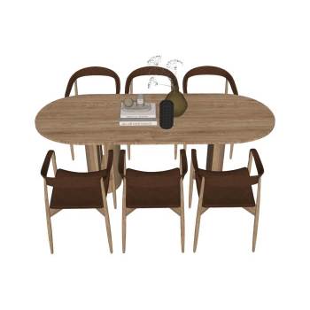 椭圆形木餐桌椅家具桌子SU模型 - SU模型免费下载_sketchup模型