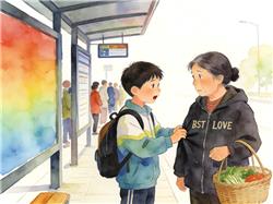 水彩画:小伙提醒大妈衣服上英文单词不合适