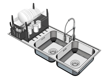 [厨房]双槽不锈钢厨房水槽和晾碗架沥碗架 草图大师模型素材