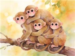 水彩画:猴“叠叠抱团”取暖萌化游客