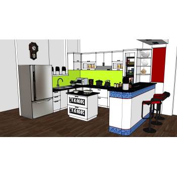 现代风格厨房橱柜吧台椅厨房SU模型 SU模型下载