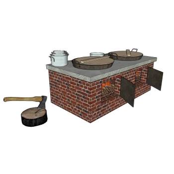 农村柴火灶地锅烧火灶带斧头劈柴厨房SU模型 SU模型下载