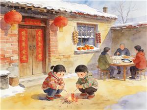 水彩画:儿时的年味为啥越来越淡了