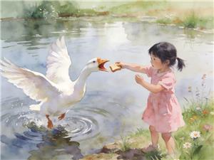 水彩画:女孩喂大鹅遭袭击当场霸气还击