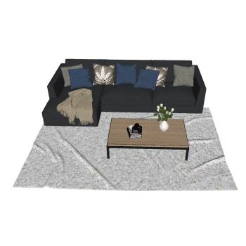 现代简约风的L型深灰布艺沙发茶几组合沙发SU模型 SU模型下载