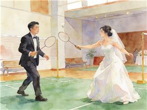 水彩画:夫妻俩在婚礼上打羽毛球