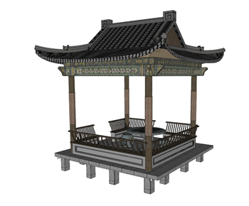 [建筑]中国传统四角攒尖顶凉亭古典亭子 skp素材百度云下载 SketchUp模型截图 3D设计素材预览