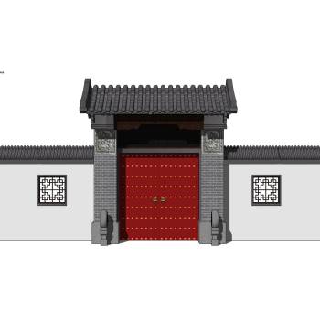 中式传统宅院大门入户门围墙建筑SU模型 SU模型下载