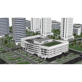 立体停车楼上的屋顶运动场地建筑SU模型 SU模型下载