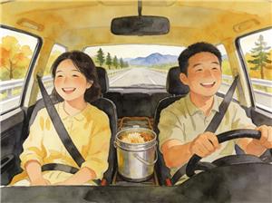 水彩画:夫妻回家过年带一锅焖饭上高速