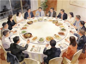 水彩画:大圆桌可坐 55 人,网友调侃“有些菜,一旦错过就不再”