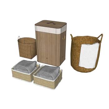 家居藤编收纳篮和洗衣篮装饰SU模型 SU模型下载