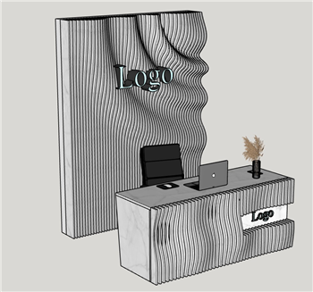 [柜子]现代艺术感办公前台柜接待台与背景墙 SketchUp模型