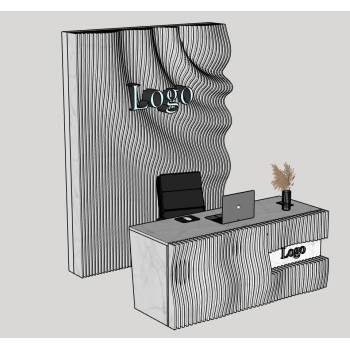 现代艺术感办公前台柜接待台与背景墙柜子SU模型 SU模型下载