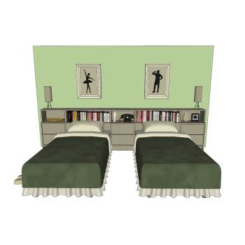 复古双床卧室床铺SU模型 SU模型下载