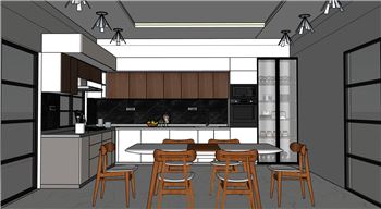 现代开放式厨房与餐厅一体化空间厨房SU模型 SU模型下载