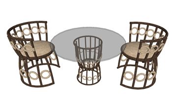 藤编玻璃圆桌椅桌子SU模型 SU模型下载