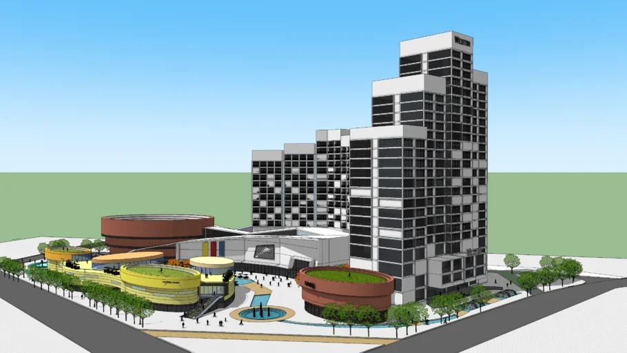 现代商业综合体与酒店塔楼SU模型 SU模型下载