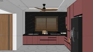 现代轻奢酒红色橱柜厨房SU模型 - SU模型免费下载_sketchup模型