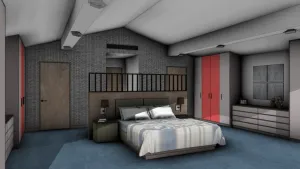 现代斜顶红灰配色卧室SU模型 SU模型下载