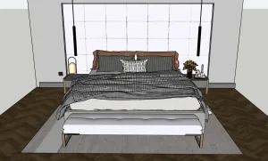 现代轻奢千鸟格床品卧室SU模型 - SU模型免费下载_sketchup模型