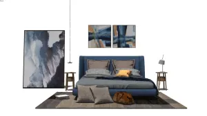 现代蓝色软包大床卧室SU模型 - SU模型免费下载_sketchup模型