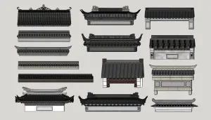 中式屋檐仿古屋顶飞檐构建物SU模型 SU模型下载