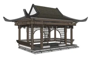 中式矩形水榭凉亭(美人靠)SU模型 SU模型下载
