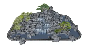 假山跌水庭院水景SU模型 SU模型下载