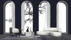 极简弧形窗会客厅SU模型 SU模型下载